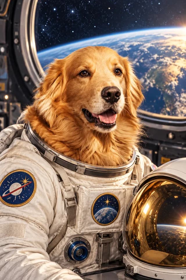 Golden retriever in a white space suit with Earth in the window behind