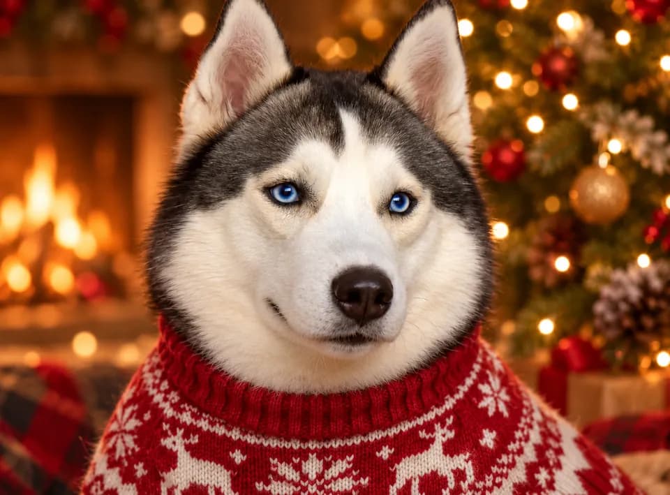 Husky in a red reindeer knit sweater by a fireplace