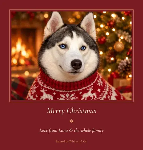 Greeting card with a husky pet portrait, Merry Christmas on the front and a short message