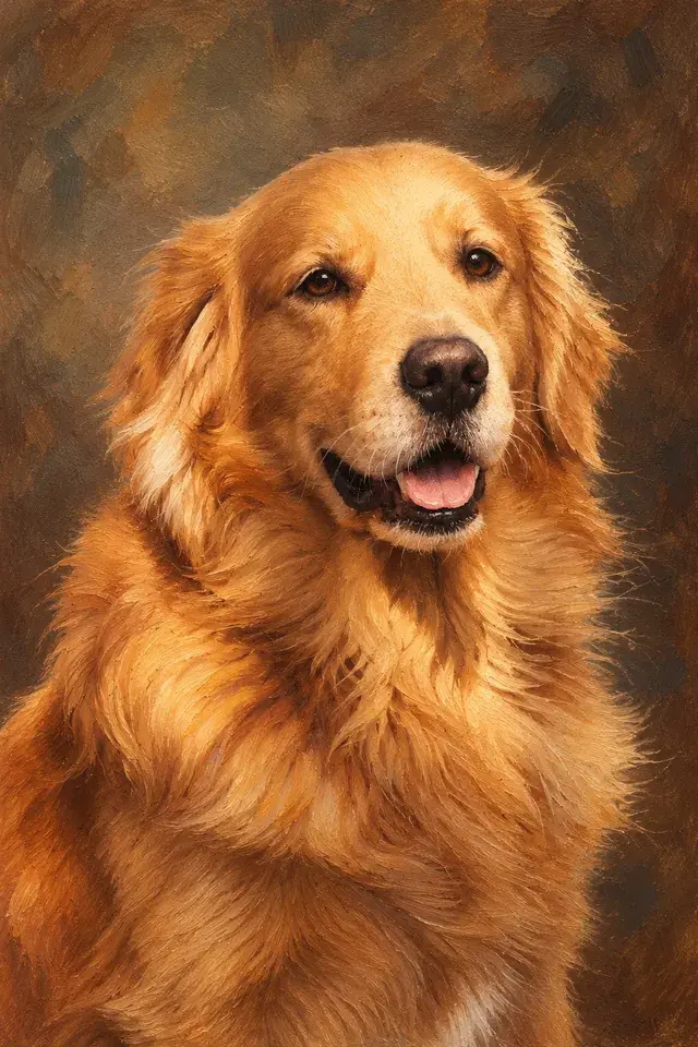 Golden retriever with a soft open-mouthed smile, its long coat in thick brushstrokes on a muted brown backdrop — classic oil pet portrait