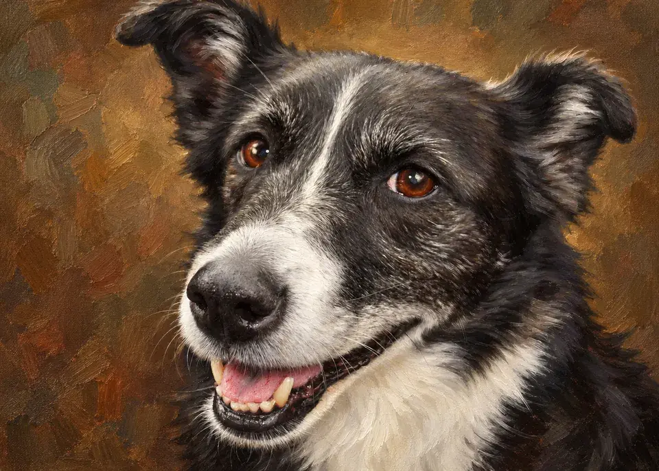 Black-and-white border collie mix with brown eyes and an open smile on a textured amber backdrop — classic oil pet portrait