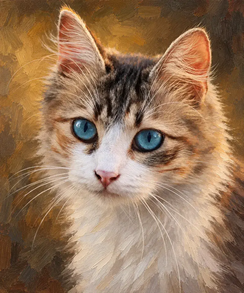Close-up of a blue-eyed tabby cat with long white whiskers against a warm golden-brown backdrop — classic oil pet portrait