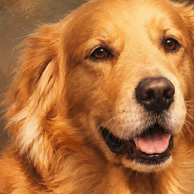 Close-up crop of the golden retriever's classic oil pet portrait: its eyes, nose, ear and fur in visible brushstrokes