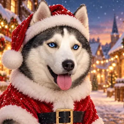 Blue-eyed husky with its tongue out in a Santa hat and red coat on a snowy street at dusk — Santa pet portrait