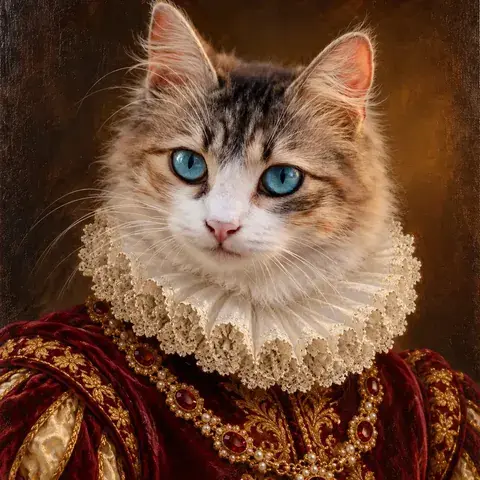Blue-eyed tabby cat in a lace ruff and red velvet with a necklace of pearls and red stones — Renaissance pet portrait
