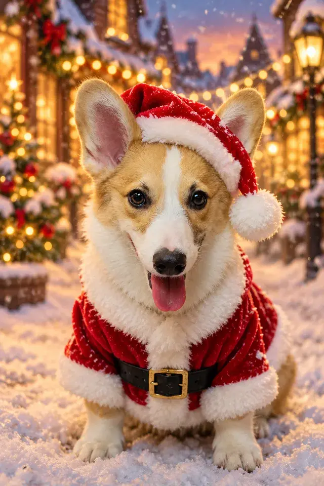 Corgi in a Santa hat and fur-trimmed red coat sitting in the snow on a Christmas village street lit with fairy lights — Santa pet portrait