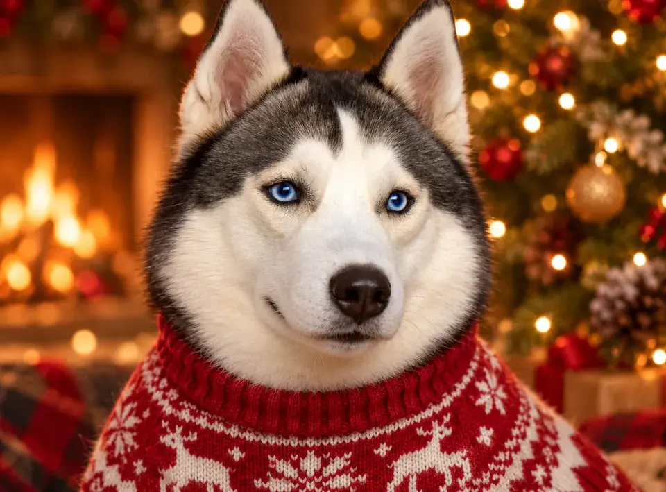 Husky in a red reindeer knit sweater by a fireplace — Christmas pet portrait