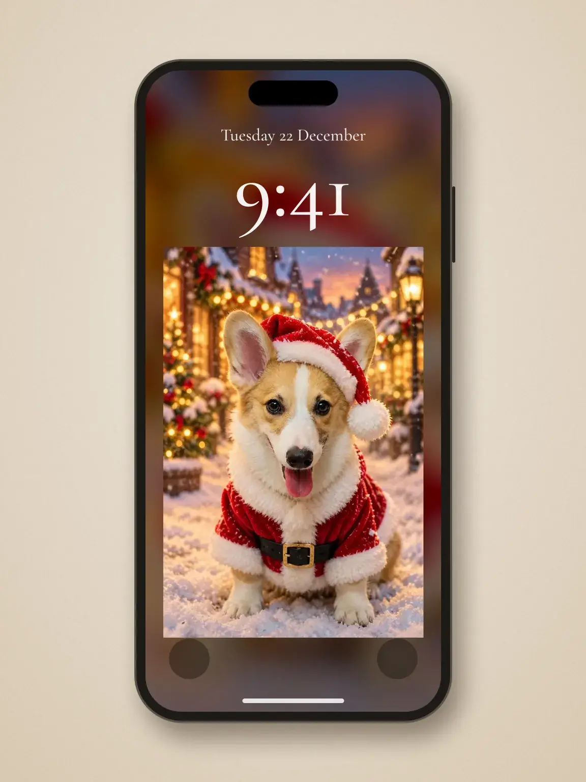 A phone lock screen showing a corgi pet portrait in a Santa hat under the clock