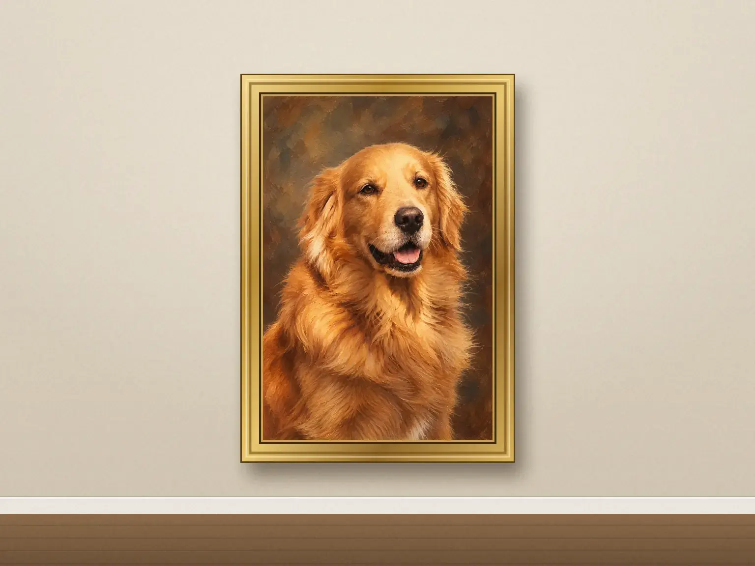 A golden retriever oil pet portrait in a gilded frame on a cream wall