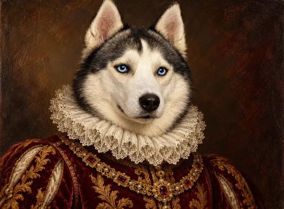 Blue-eyed husky in a white lace ruff and crimson velvet with a gold chain set with red stones — Renaissance pet portrait