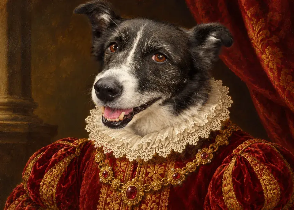 Smiling black-and-white border collie mix in a lace ruff and red velvet beside a crimson curtain and a stone column — Renaissance pet portrait