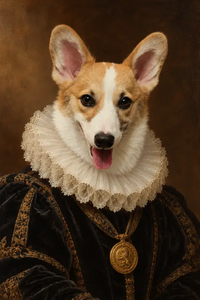 Corgi with its tongue out in a white lace ruff and black velvet doublet with a gold lion medallion — Renaissance pet portrait