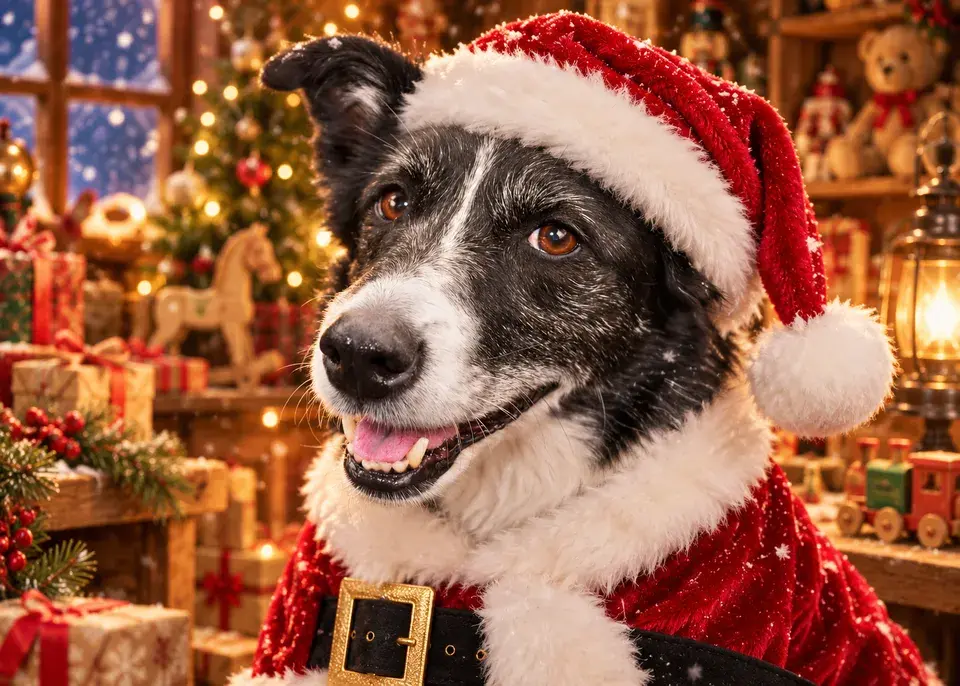 Border collie mix in a Santa hat and red coat with a gold-buckled belt in a toy workshop with a teddy bear and a rocking horse — Santa pet portrait