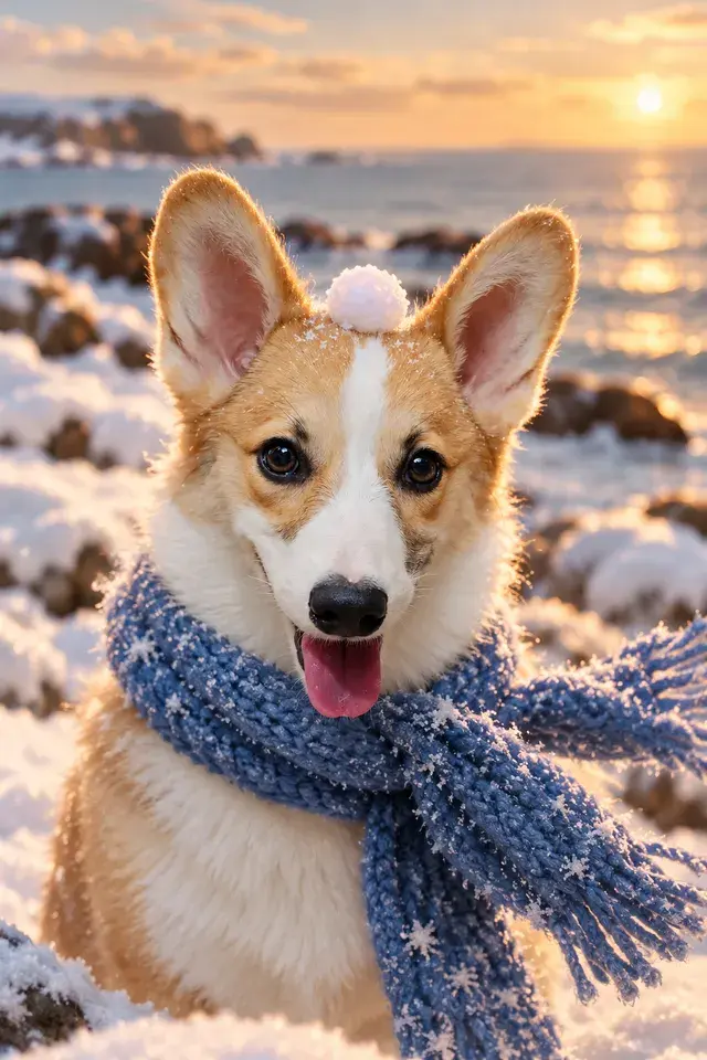 Corgi in a blue knitted scarf with a snowball on its head by a snowy winter sea — winter pet portrait